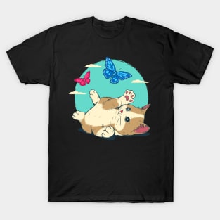 Cute Cat Playing With Butterfly Blue Sky T-Shirt